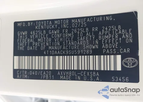 2025 Toyota Camry Se z USA, uszkodzony, nr VIN 4T1DAACK9SU591289